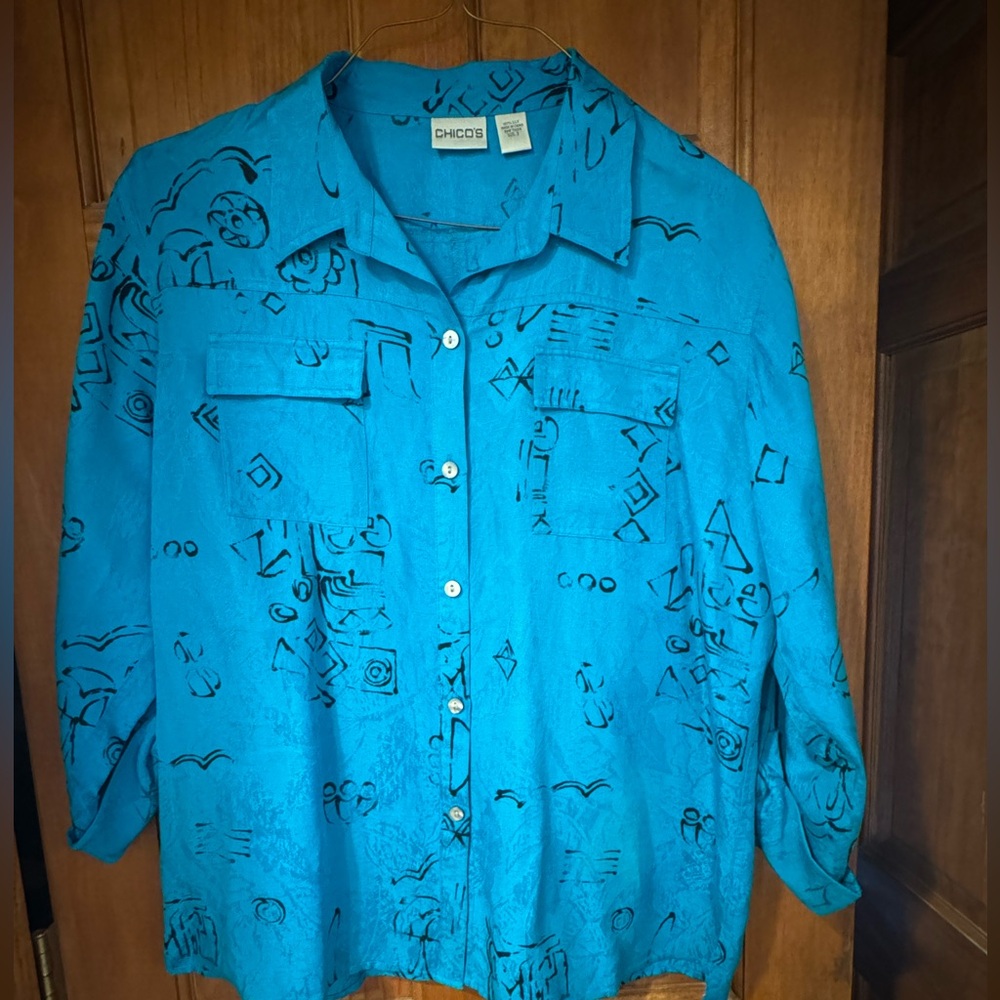 Chico’s button down Silk blouse.  Size 3 (XL) Teal Blue